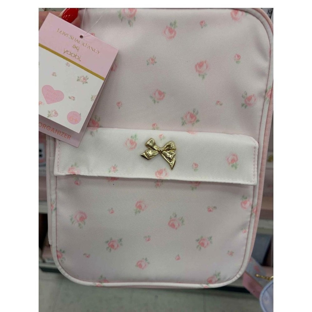 LoveShackFancy zipper pouch " tech organizer" Pretty pink ditsy print Gold Bow